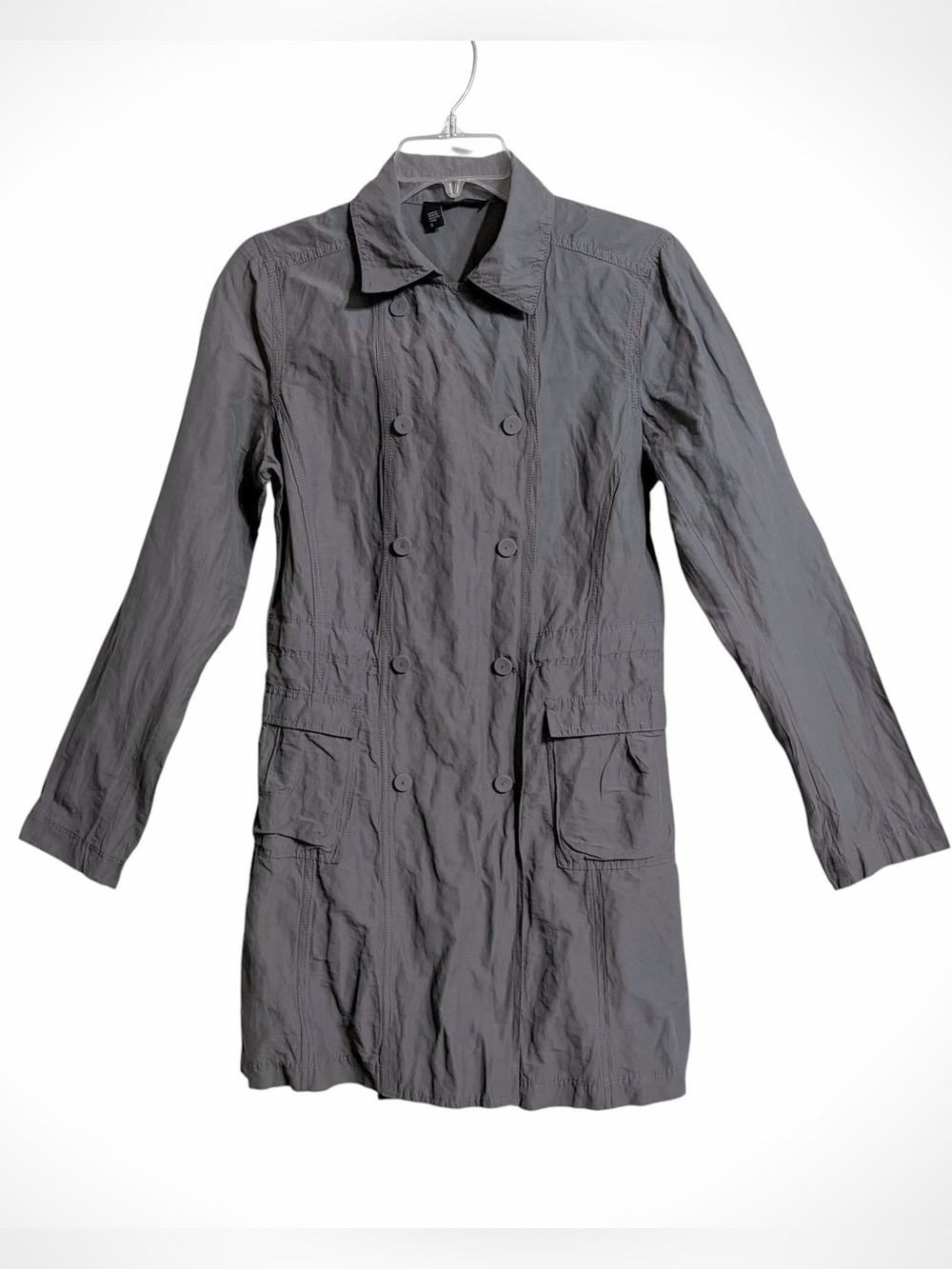Eileen Fisher Double Breasted Lightweight Crinkle Trench Coat S Gray Anorak